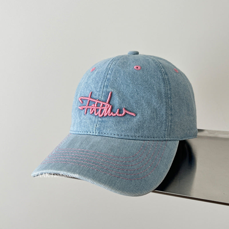 Women's Distressed Denim Embroidered Baseball Cap Bowlift