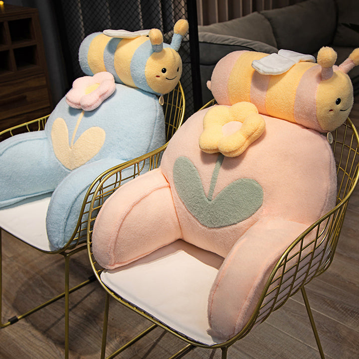 Padded reading back support cushion with armrests and removable neck roll in bee-flower plush design