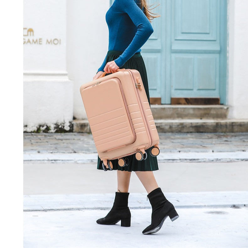 carry-on hardshell front-pocket spinner suitcase with quick-access compartment telescopic handle and smooth full-rotation wheels Bowlift