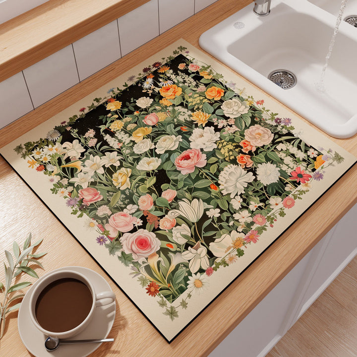 Floral-Themed Kitchen Counter Mat Bowlift