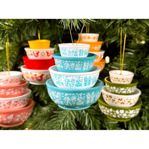 Stackable Ceramic Nesting Bowl Set With Folk Bird Motif And Glossy Glazed Finish