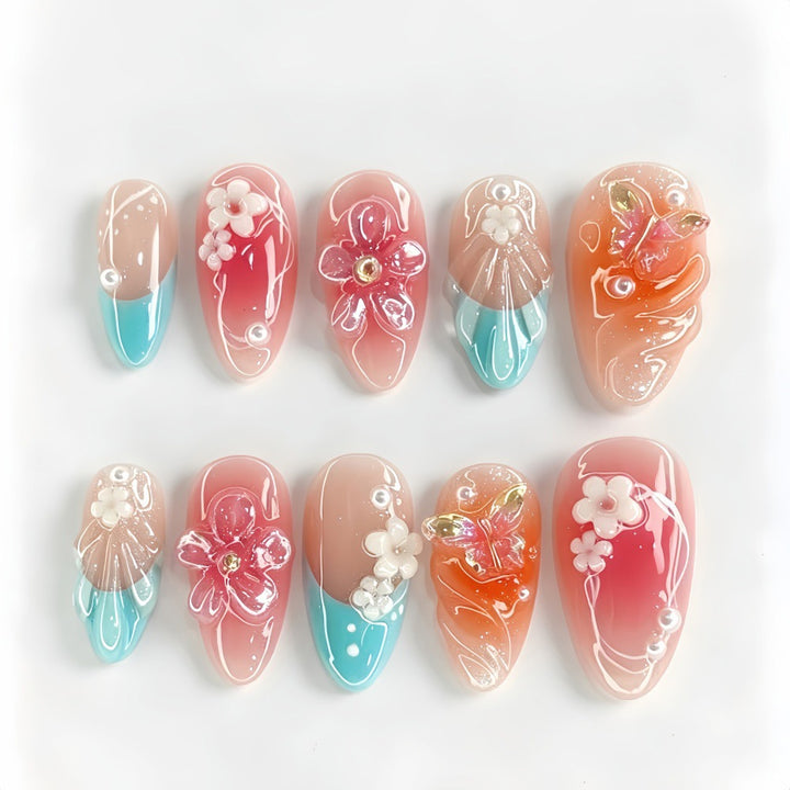 Artificial nail set with floral accents and glittering 3D applications Bowlift