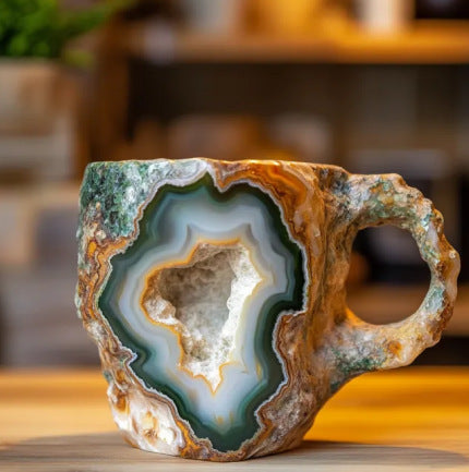 Hand-Carved Natural Agate Geode Coffee Mug With Polished Rim And Crystalline Interior