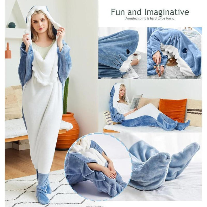 Plush Hooded Shark Wearable Sleeping Bag With Fleece Flannel Lining And 3D Tail