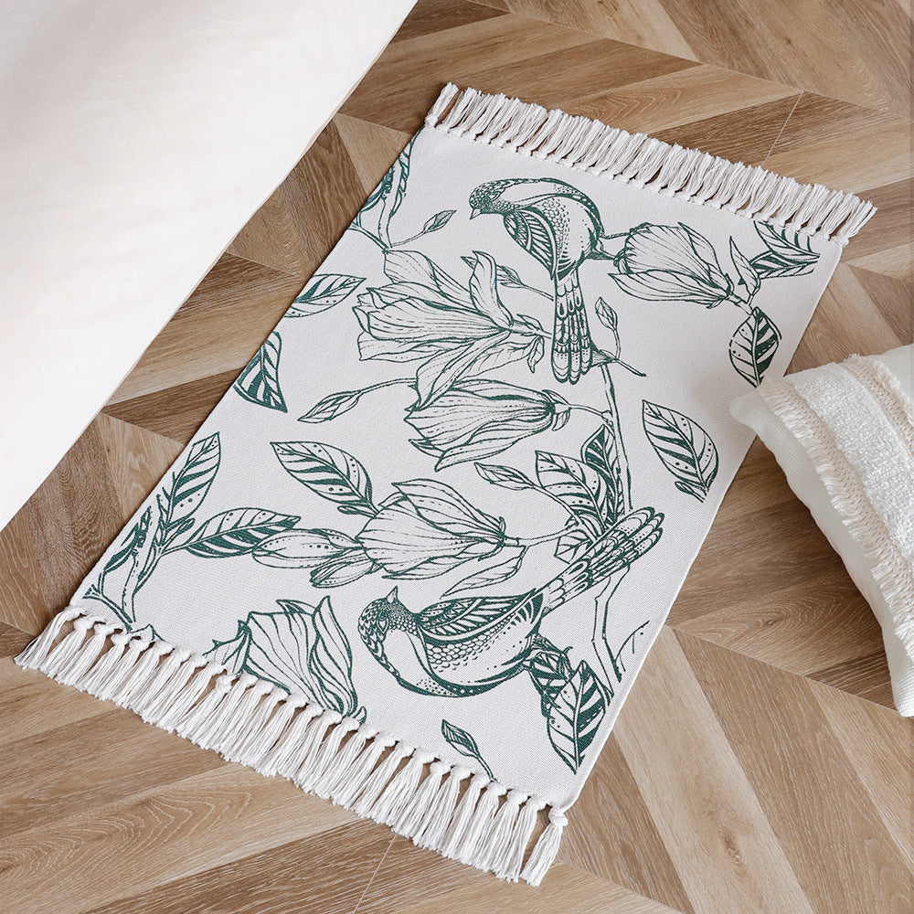 Decorative table runner made of cotton with botanical bird print and fringes Bowlift