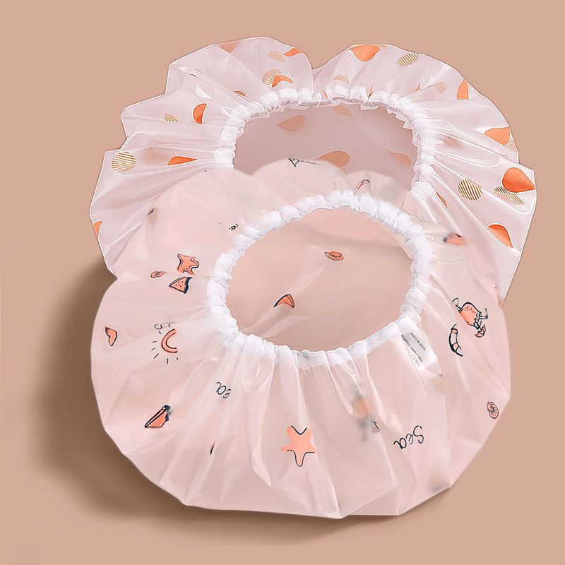 Reusable waterproof ruffled elastic shower cap pair with cute ocean print Bowlift