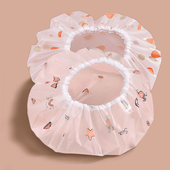Reusable waterproof ruffled elastic shower cap pair with cute ocean print Bowlift