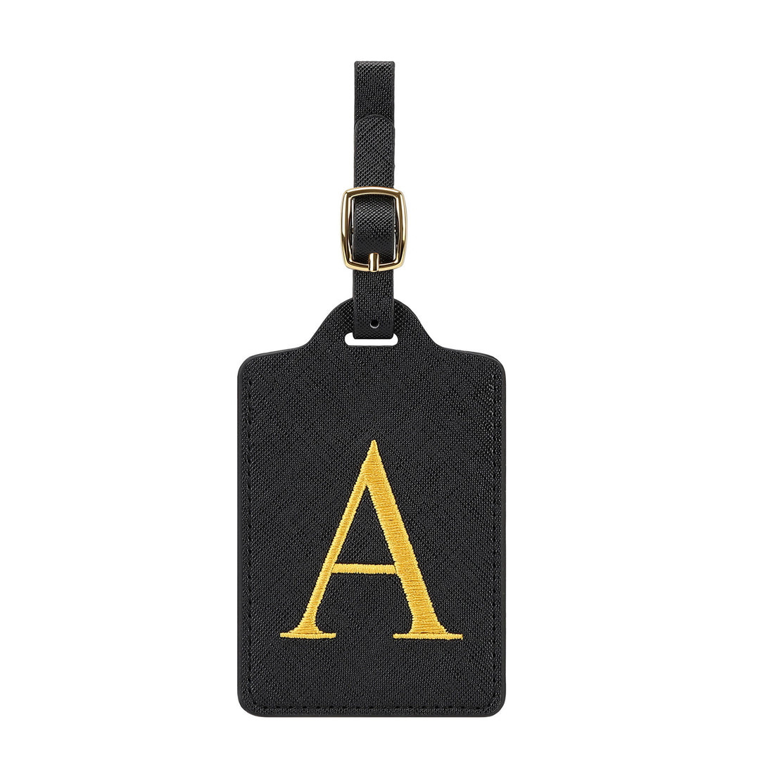 embroidered initial monogram leather luggage tag with adjustable buckle strap Bowlift