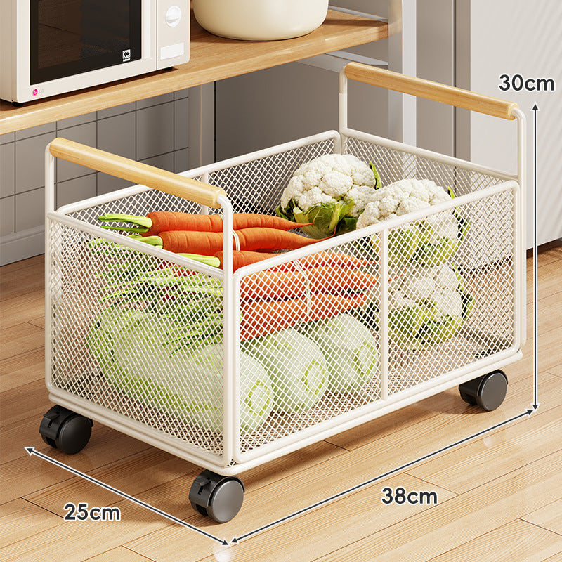 Rolling Mesh Kitchen Storage Cart with Wooden Handles