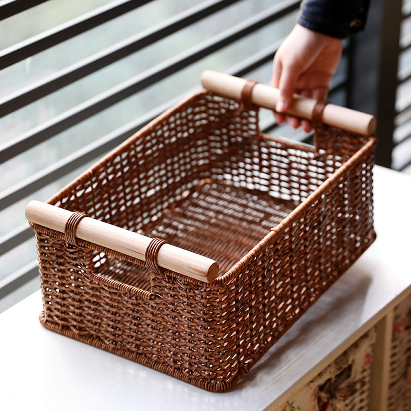 Handcrafted Woven Storage Basket with Wooden Handles Bowlift