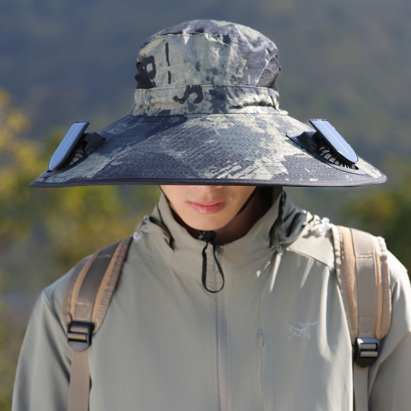Wide-brimmed outdoor sun hat with solar-powered micro fan, breathable mesh and adjustable chin strap Bowlift