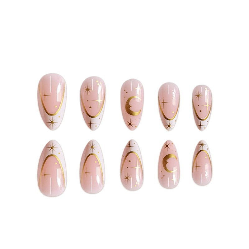 Artistic Stiletto Press-On Nail Design with Gold Accents Bowlift