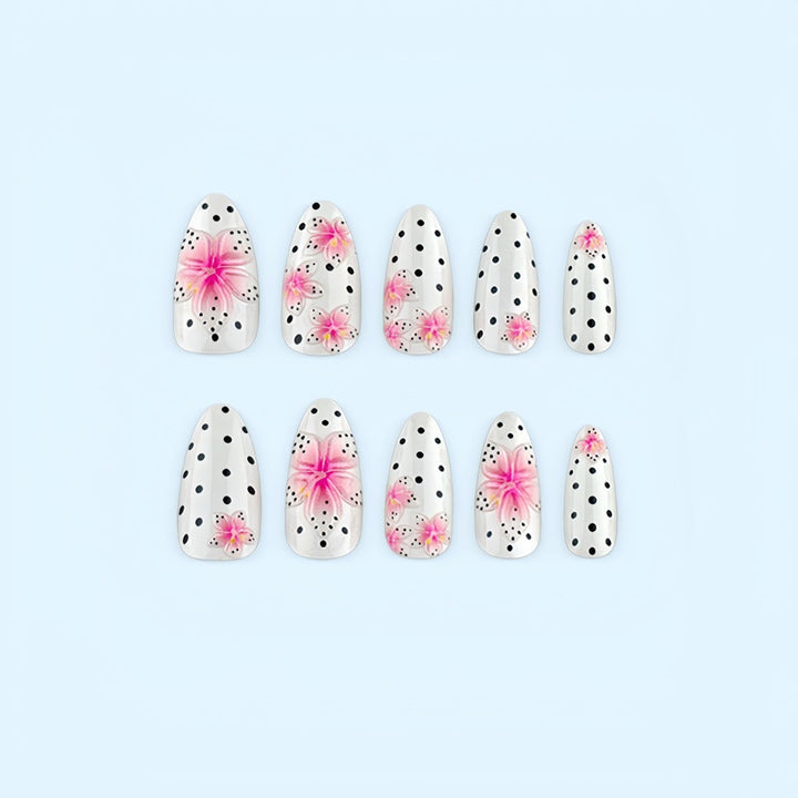 Artificial nail set with floral accents and polka dots Bowlift