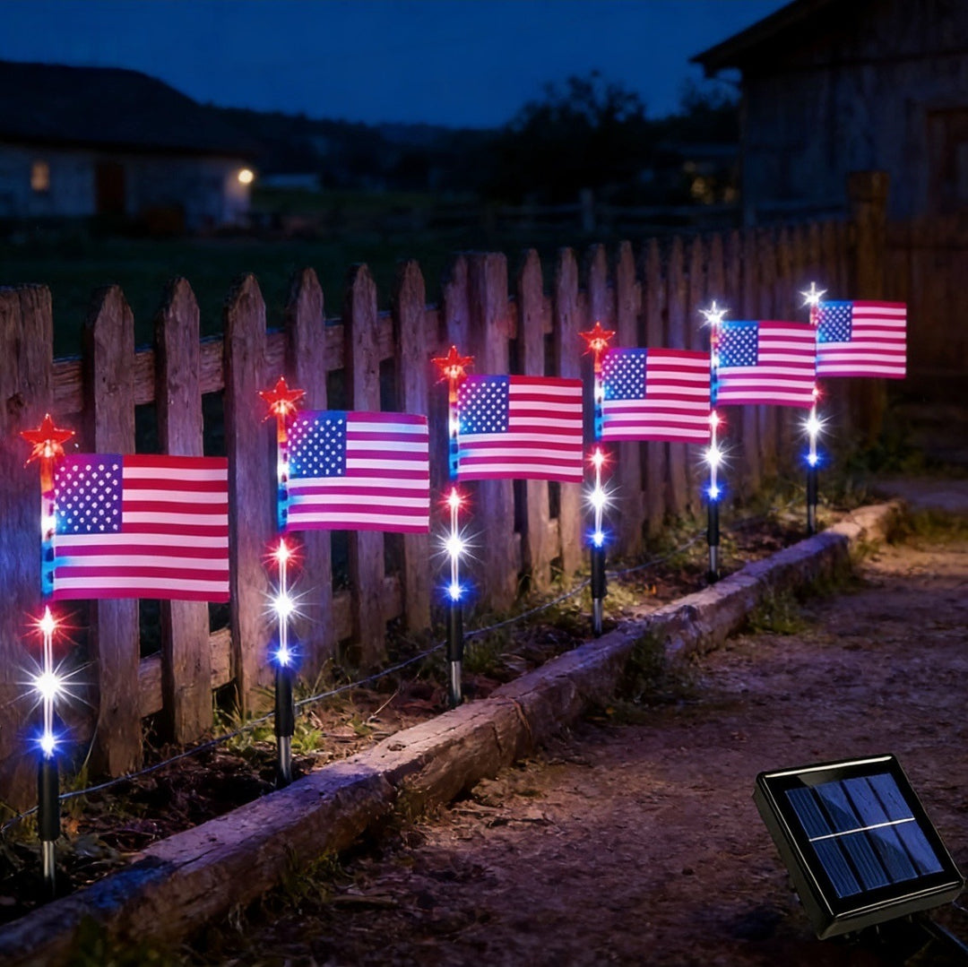 Unisex solar-powered ground spikes with mini flags and glowing star LEDs Bowlift