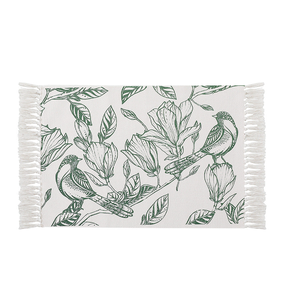 Decorative table runner made of cotton with botanical bird print and fringes Bowlift