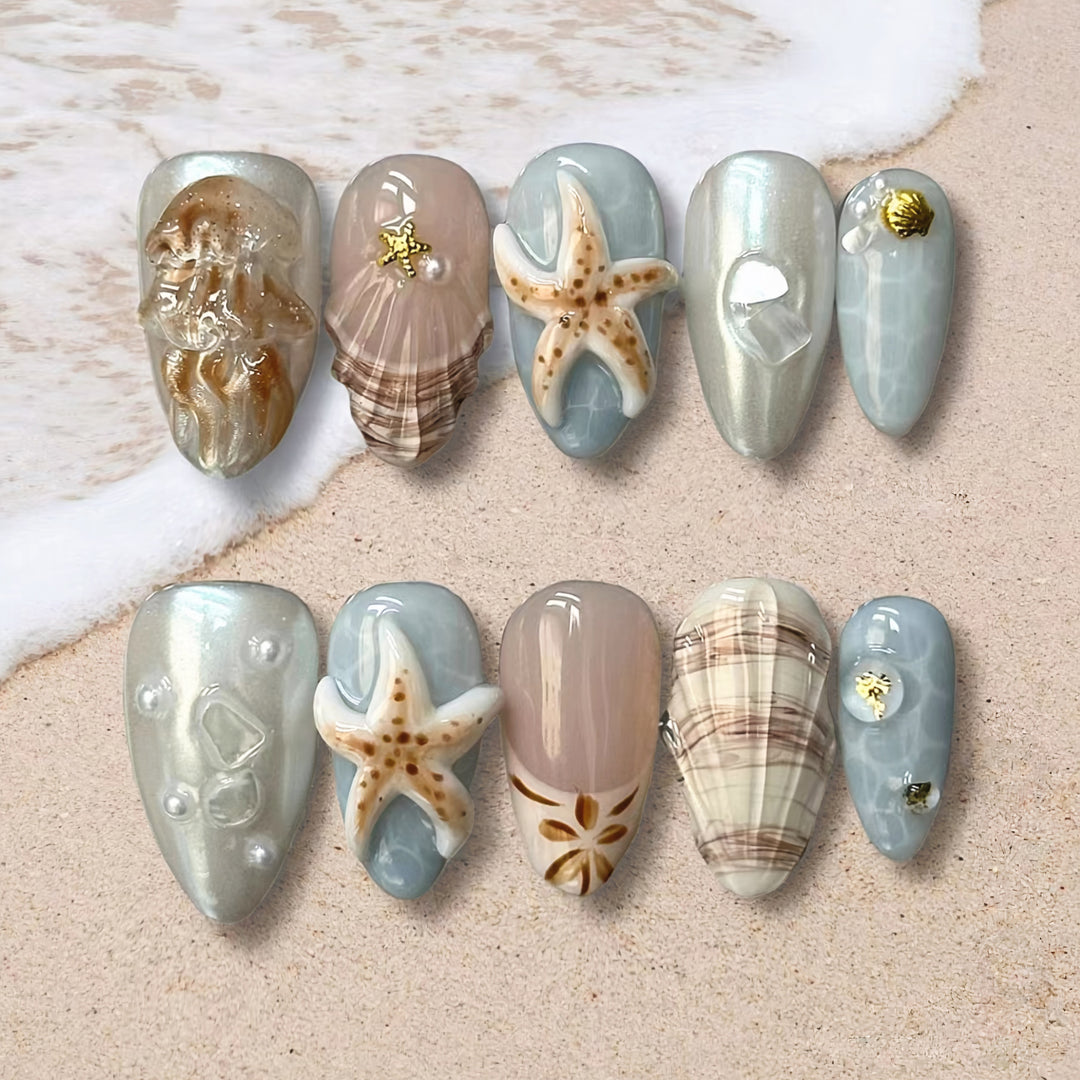 Coastal-Inspired Decorative Press-On Nail Art Set Bowlift