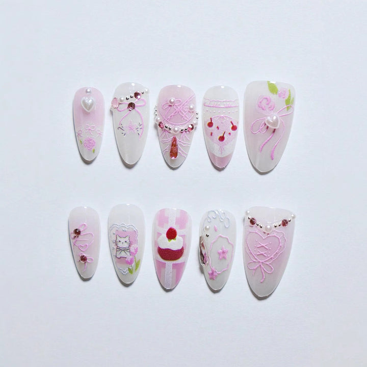 Artistic Heart-Embellished Press-On Nail Set Bowlift