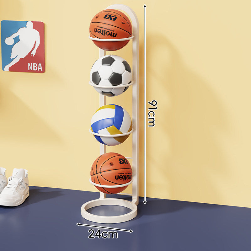 Three-Tier Vertical Sports Ball Storage Rack with Wall-Ready Base and Circular Cradles