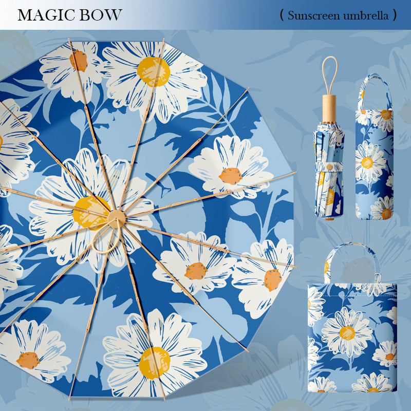 Ladies Premium Folding Umbrella with Floral Design and Protective Carrying Case Bowlift