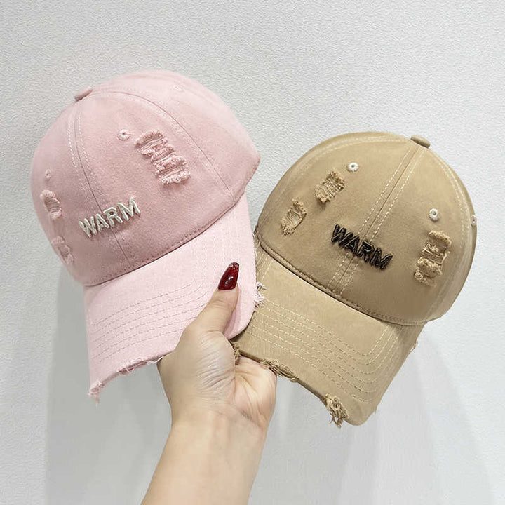 Women's Distressed Cotton Cap with Embroidered Message Bowlift