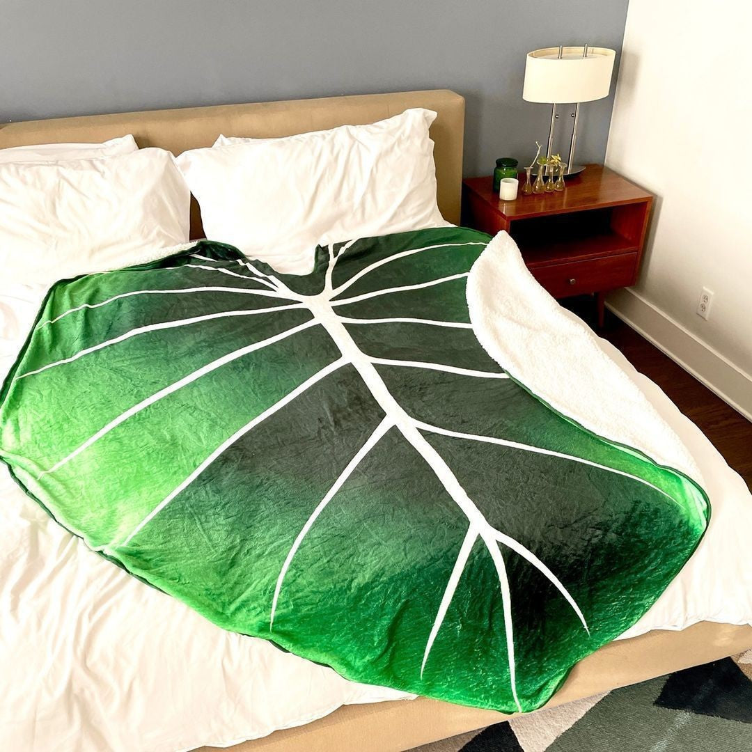 Oversized Leaf-Shaped Plush Wearable Throw Blanket With Hooded Poncho Design