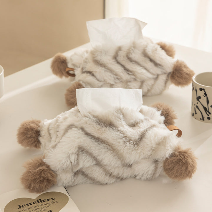 Decorative faux fur tissue box cover with pom poms and hanging handle Bowlift
