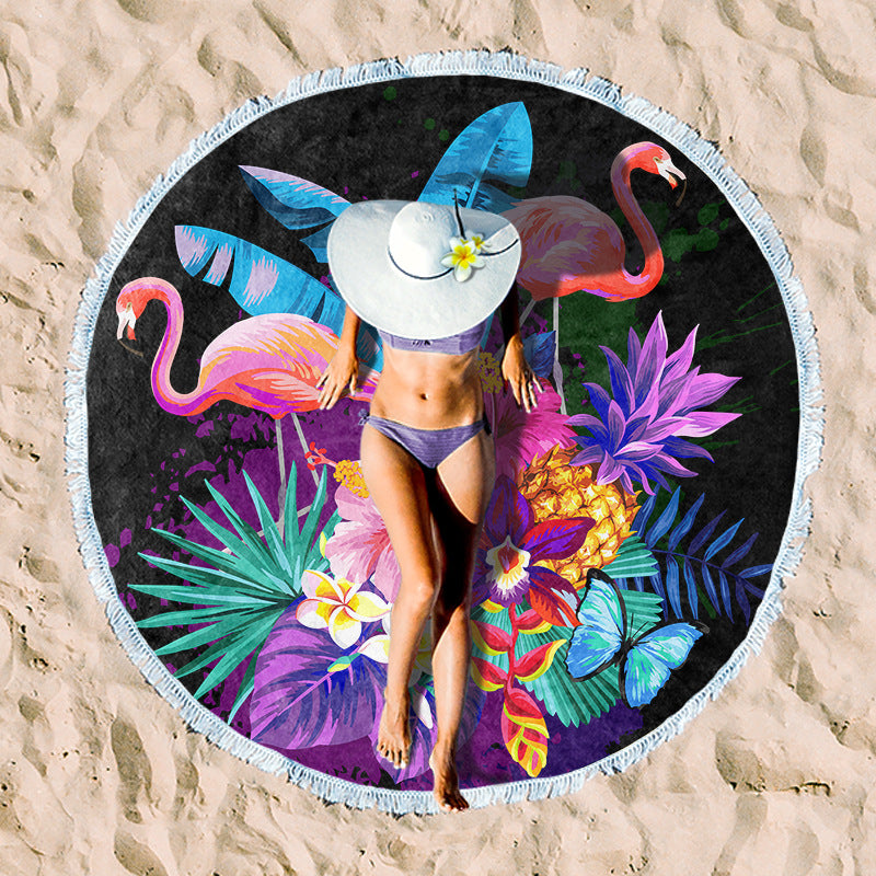 Round beach towel with tropical leaf print and fringe decoration Bowlift