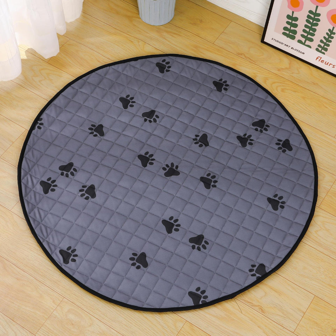 Round Quilted Pet Mat With Paw-Print Non-Slip Underside Bowlift