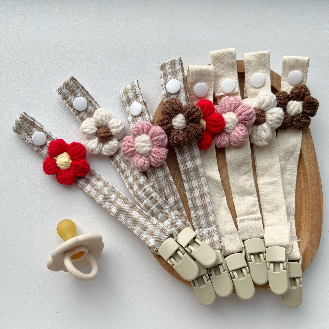 Crocheted Flower Pacifier and Teether Clip with Organic Cotton Strap