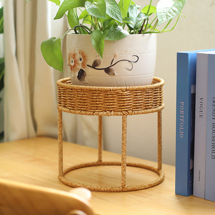 Unisex Modern Plant Stand with Woven Basket and Metal Frame Bowlift