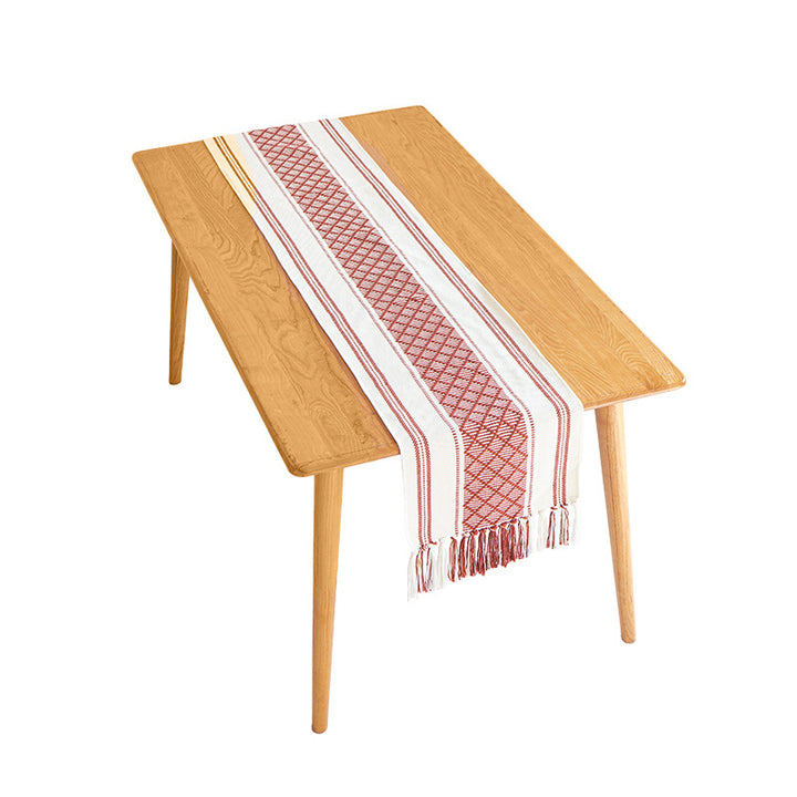 Handwoven cotton table runner with ethnic diamond pattern and fringes Bowlift