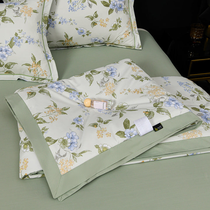 Floral Cotton Sateen Duvet Cover Set With Piped Border And Matching Pillow Shams