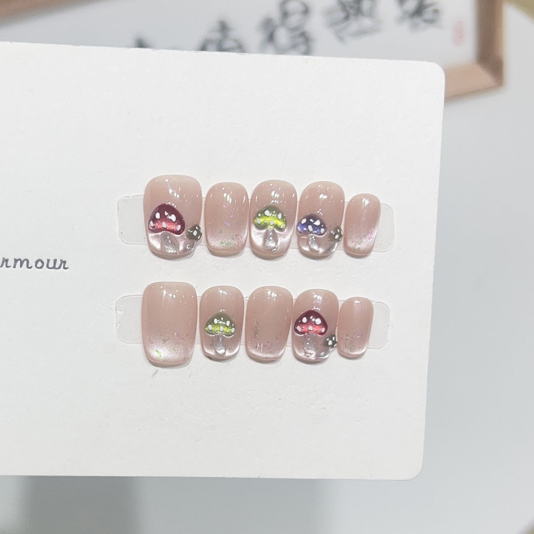 Artistic Press-On Nail Set with Playful Mushroom Designs Bowlift