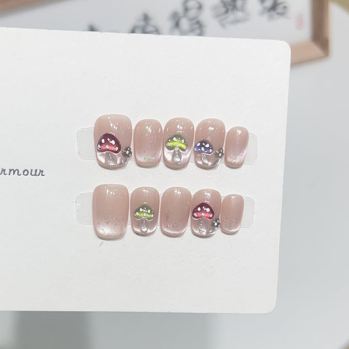 Artistic Press-On Nail Set with Playful Mushroom Designs Bowlift