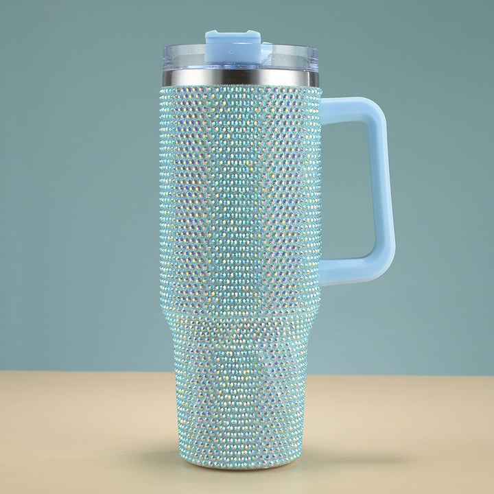 Insulated Stainless Steel Rhinestone Travel Tumbler With Ergonomic Handle And Spill-Resistant Lid