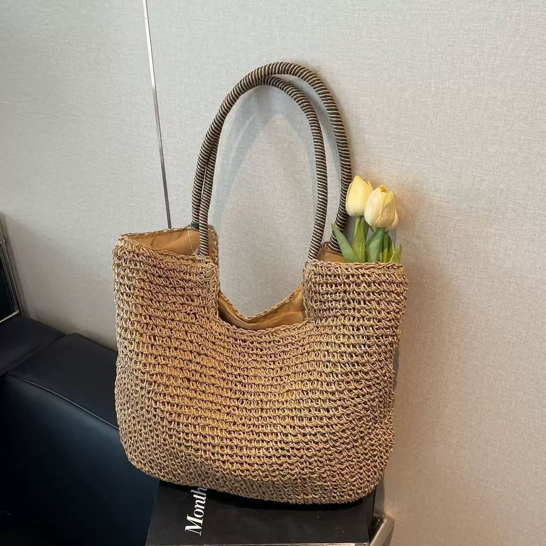 Elegant Handbag Made from Hand-Woven Natural Material with Striped Handles Bowlift
