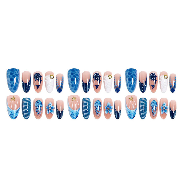 Artificial nails with maritime design and 3D flower accents Bowlift