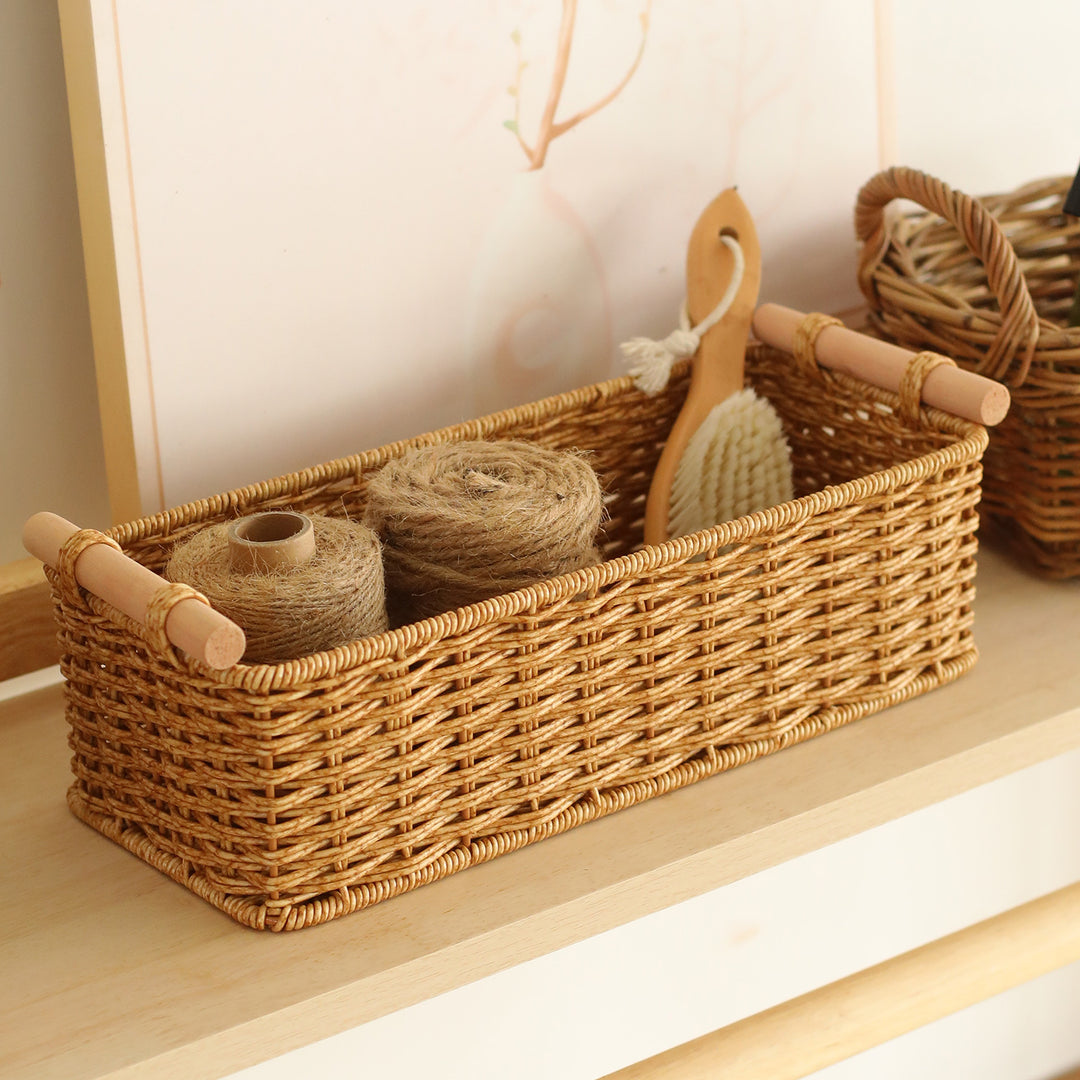 Rectangular Woven Storage Basket with Wooden Handles Bowlift