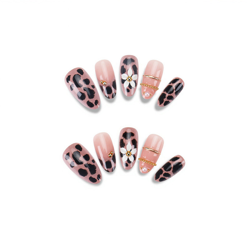 Artistic Press-On Nail Set with Elegant Leopard and Floral Designs Bowlift