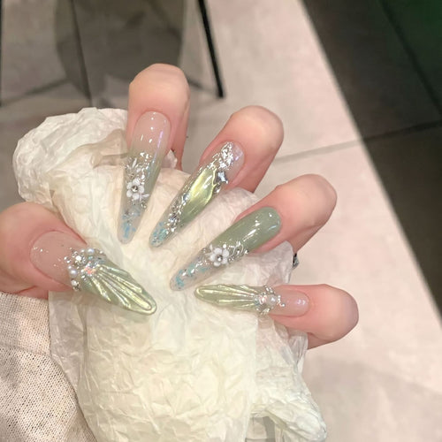 Floral Accented Stiletto Press-On Nails Bowlift