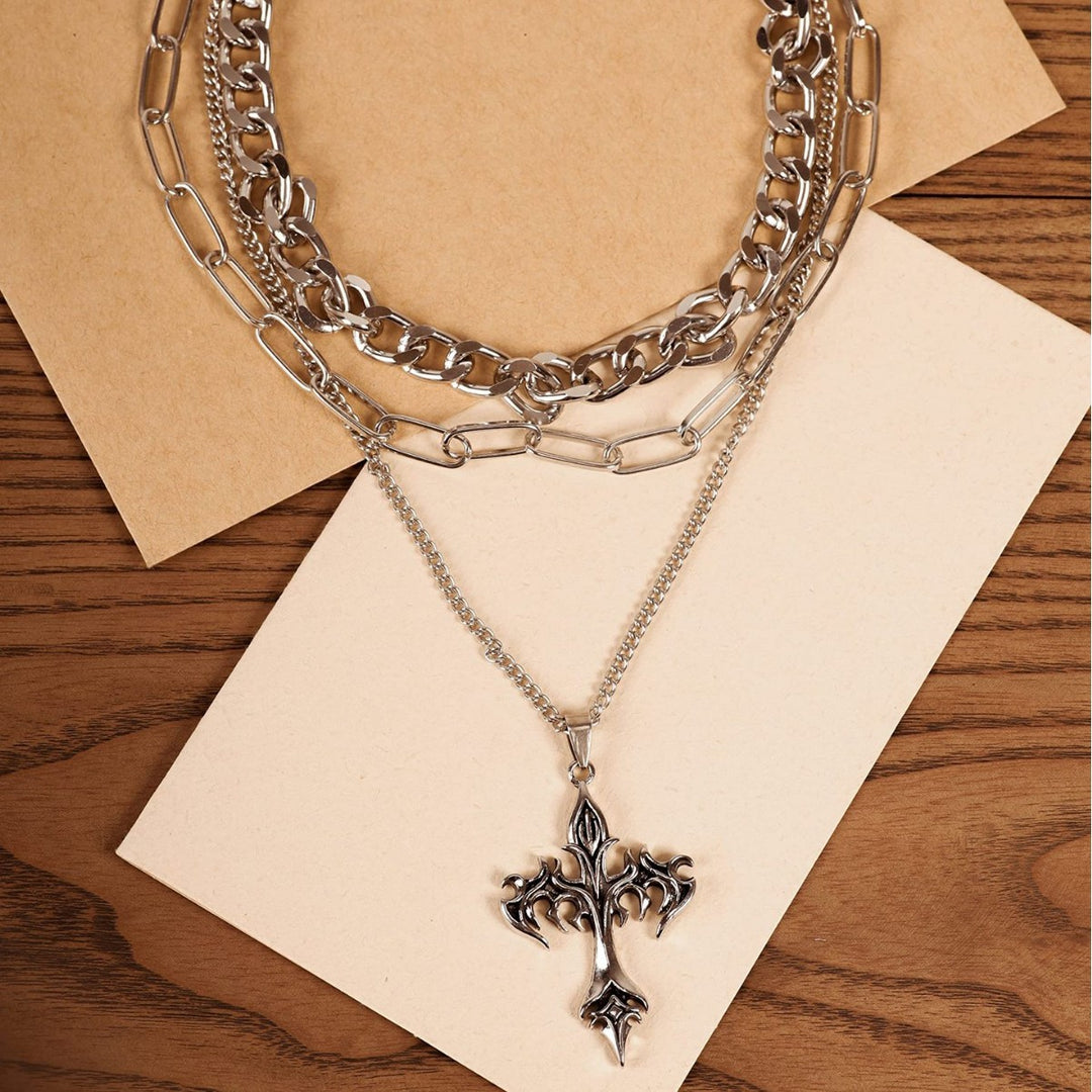 Layered Chain Cross Pendant Necklace Bowlift