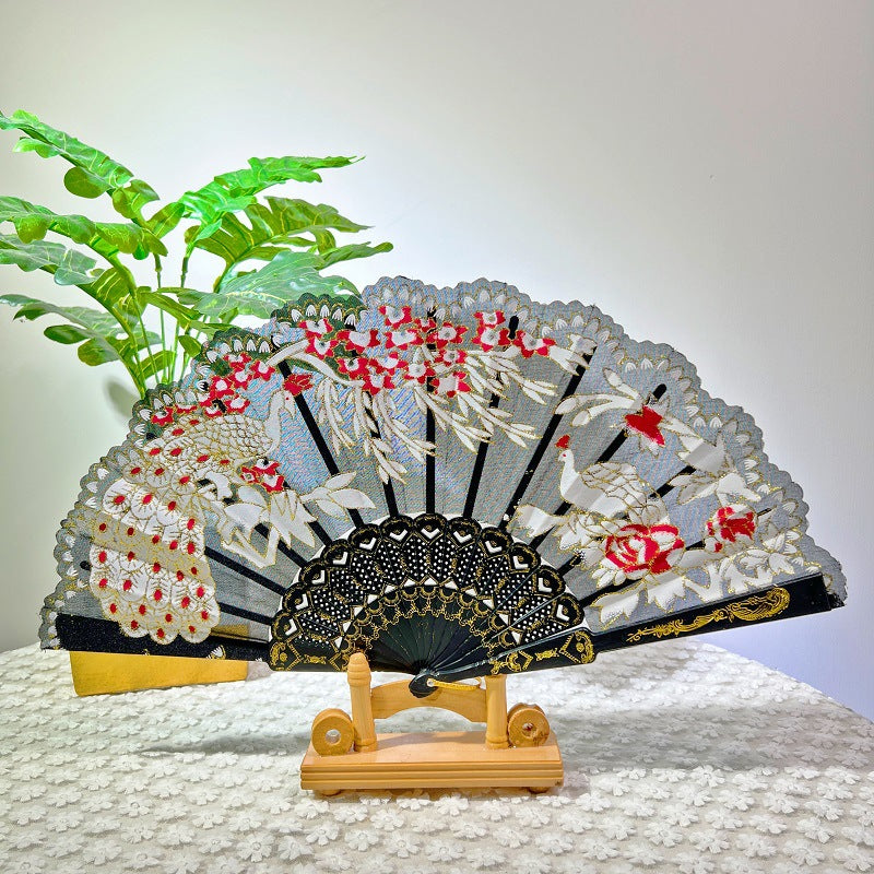 Women Folding Hand Fan with Elegant Embroidery Bowlift