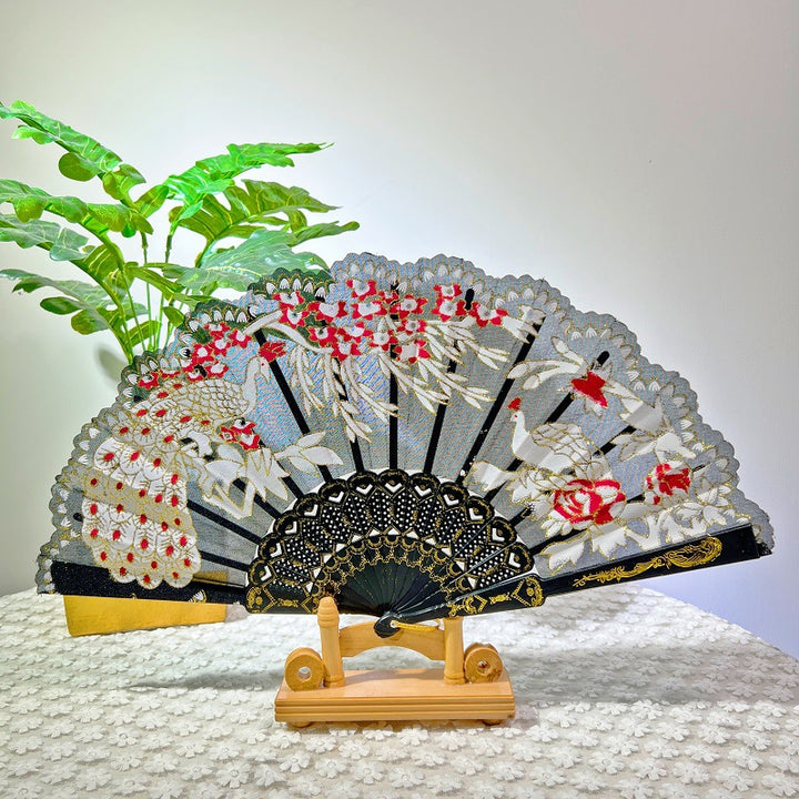 Women Folding Hand Fan with Elegant Embroidery Bowlift