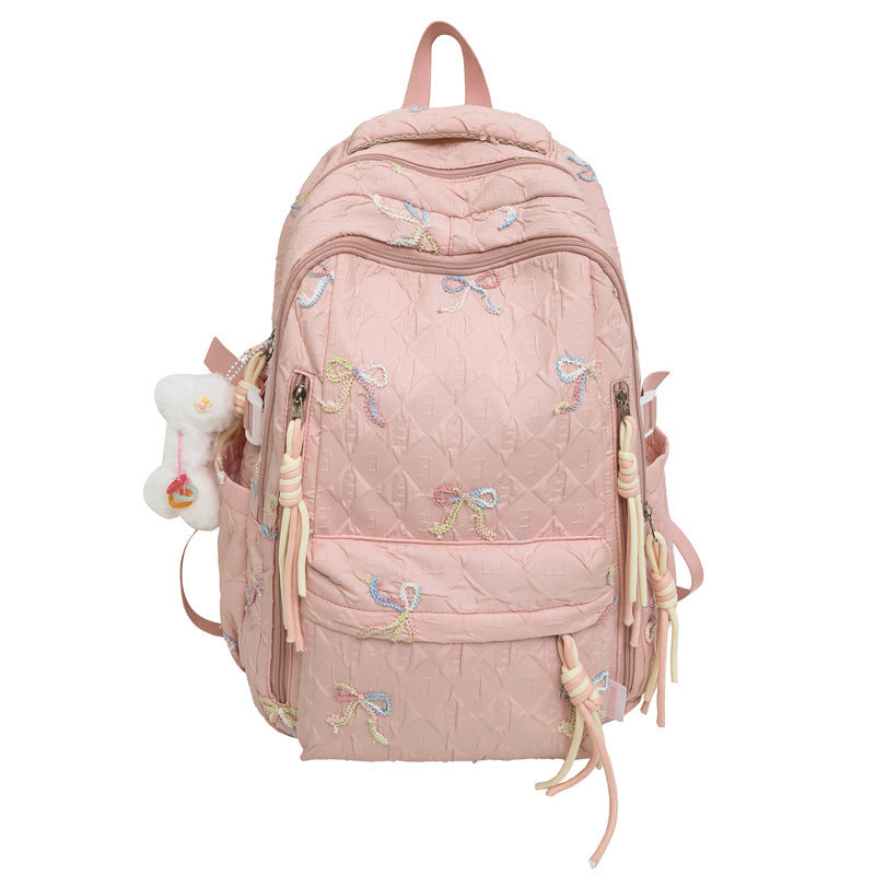 Quilted Embroidered Bow-Design Backpack Bowlift