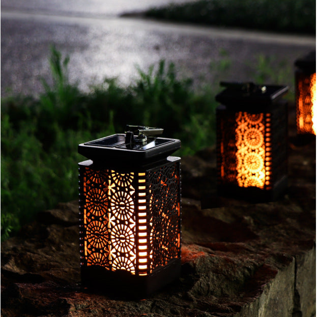 Decorative Solar-Powered Metal Lantern With Filigree Cutout And Flickering LED Flame Effect Bowlift