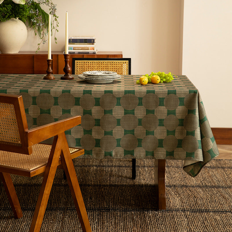 Woven rectangular tablecloth with geometric floral pattern and linen look