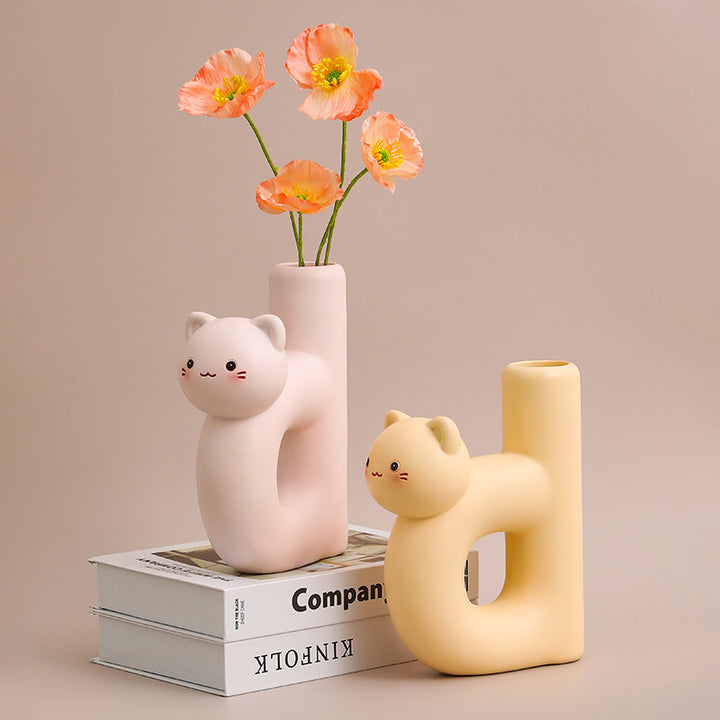 Ceramic Sculptural Cat Letter H Bud Vase With Tubular Mouth Minimalist Tabletop Decor