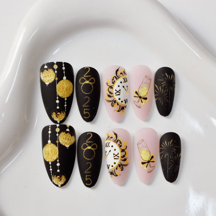 Festive New Year Themed Press-On Nail Art Bowlift