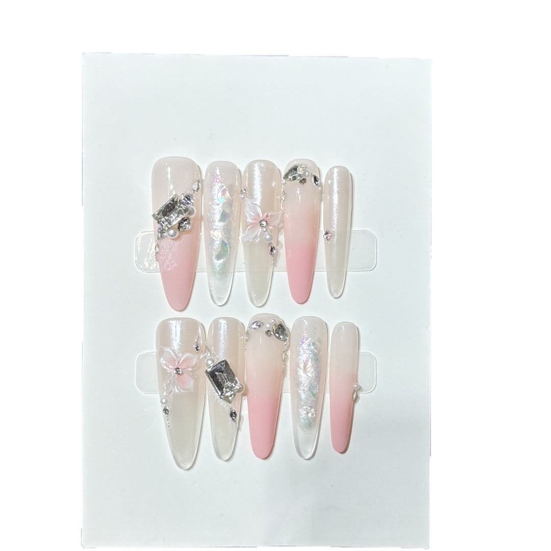 Elegant Stiletto Press-On Nail Art Set with Decorative Floral Accents Bowlift
