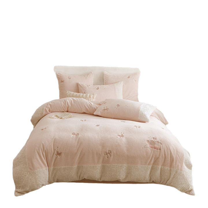 Cozy bedding set with embroidered butterflies and teddy fleece trim Bowlift